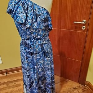Chic Blue Leaf Print One-Shoulder Maxi Dress